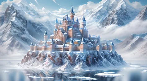 a panoramic illustration of a castle made from [[ice]] made_of_ice standing on the peak of a snowy mountain, an impressive best ...