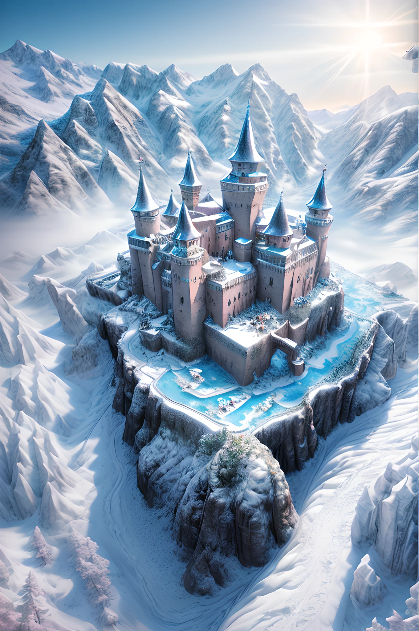 a panoramic award winning photography, Photorealistic, extremely detailed of a castle made from [[ice]] made_of_ice standing on the peak of a snowy mountain, an impressive best detailed castle made from ice (Photorealistic, extremely detailed), with towers, bridges, a moat filled with water, standing on top of a snowy mountain (masterpiece, extremely detailed, best quality), with pine trees, daylight, sun rays, some clouds in the air,  alpine mountain range background, best realistic, best details, best quality, 16k, [ultra detailed], masterpiece, best quality, (extremely detailed), ultra wide shot, photorealism, depth of field,