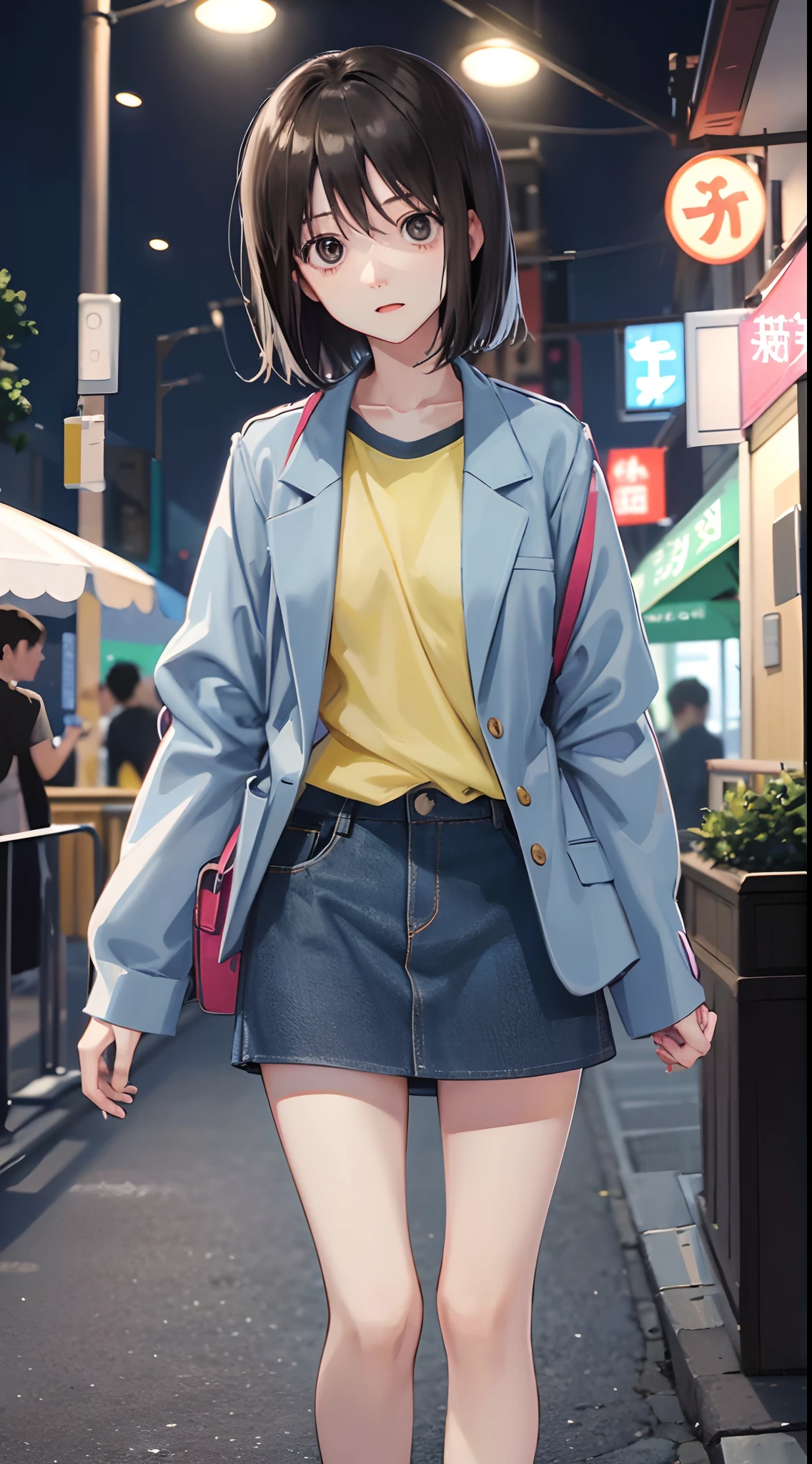 Nakahara_Misaki, camisa bicolor, saia jeans, ao ar livre, parque, noite, cabelo longo, rosto fofo