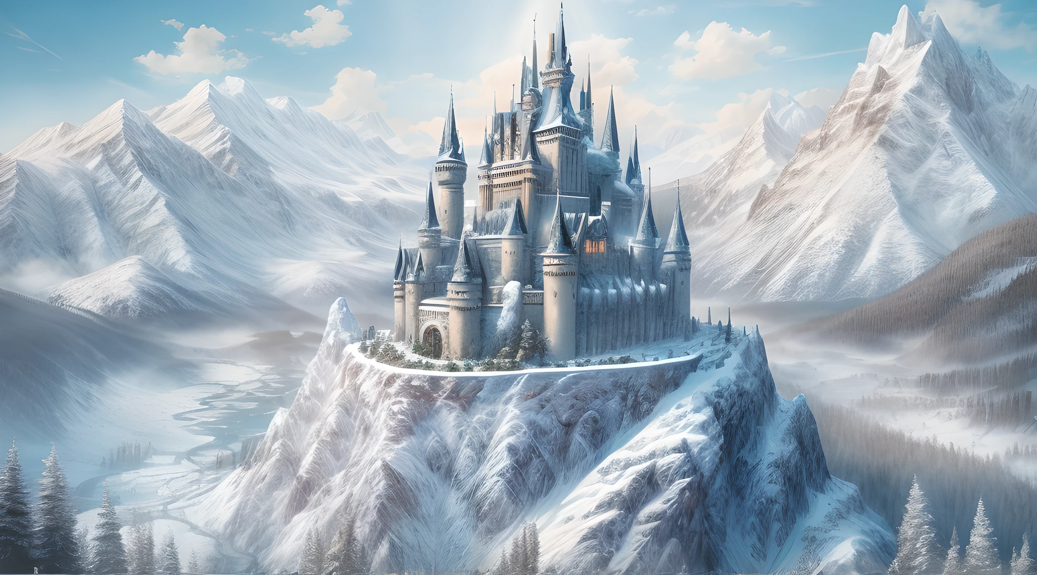 a panoramic illustration of a castle made from ice standing on the peak of a snowy mountain, an impressive best detailed castle made from ice (masterpiece, extremely detailed, best quality), with towers, bridges, a moat filled with water, standing on top of a snowy mountain (masterpiece, extremely detailed, best quality), with pine trees, daylight, sun rays, some clouds in the air,  alpine mountain range background, best realistic, best details, best quality, 16k, [ultra detailed], masterpiece, best quality, (extremely detailed), ultra wide shot, photorealism, depth of field,