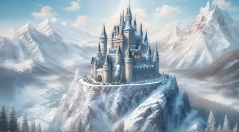 a panoramic illustration of a castle made from ice standing on the peak of a snowy mountain, an impressive best detailed castle ...