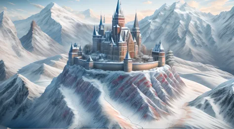 a panoramic illustration of a castle made from ice standing on the peak of a snowy mountain, an impressive best detailed castle ...