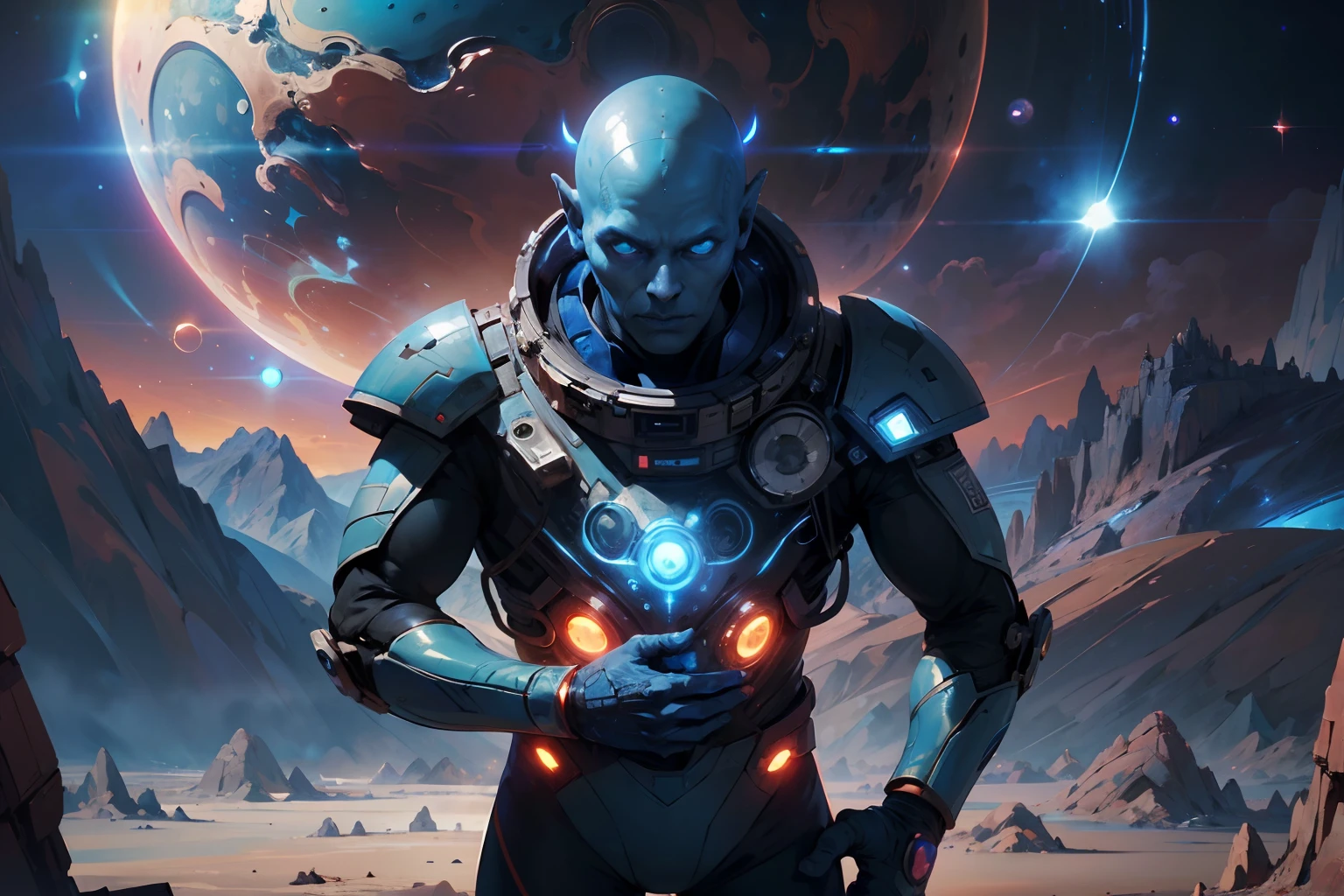 (A human man in a spacesuit shakes hands with a blue alien creature),（In the background is a mysterious red glowing planet）,Breathtaking and magnificent space image scenes.,The scene is highly-detailed,Clarity is extraordinary,Every intricate detail of the panorama is captured,((tmasterpiece)),((best qualtiy)),8K,high detal,((Masterpiece)), (Best quality))，