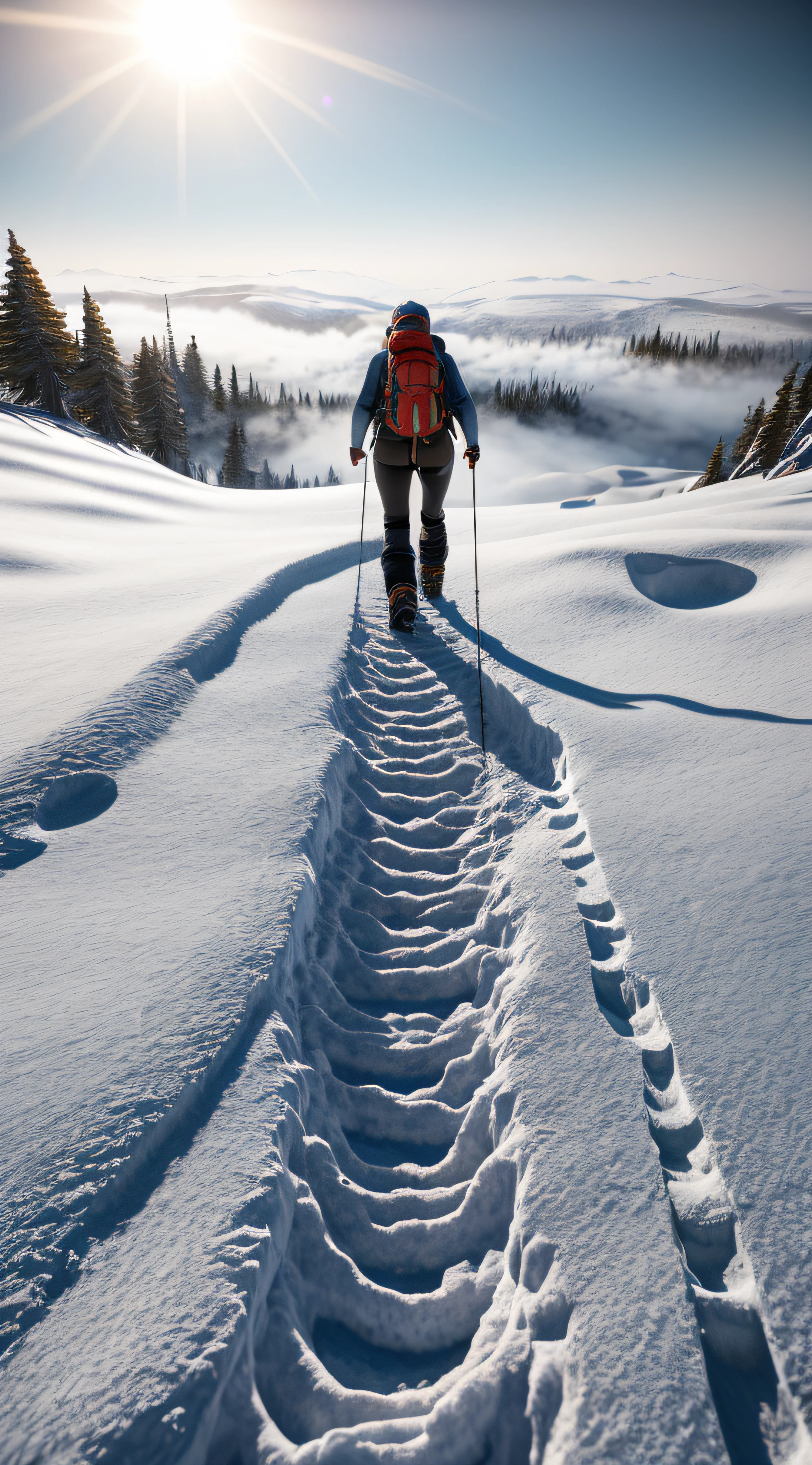 (8k masterpiece, best quality:1.2) Mountain climber hiking up a mountain, frozen abyss, distant avalanche, snowy, cold, foggy and misty, overcast day, raytracing, detailed, rocks and ice, ice crevasse, epic snow texture, (footprints in snow:1.2), quixel megascan, subsurface scattering, volumetric lighting, ray tracing,