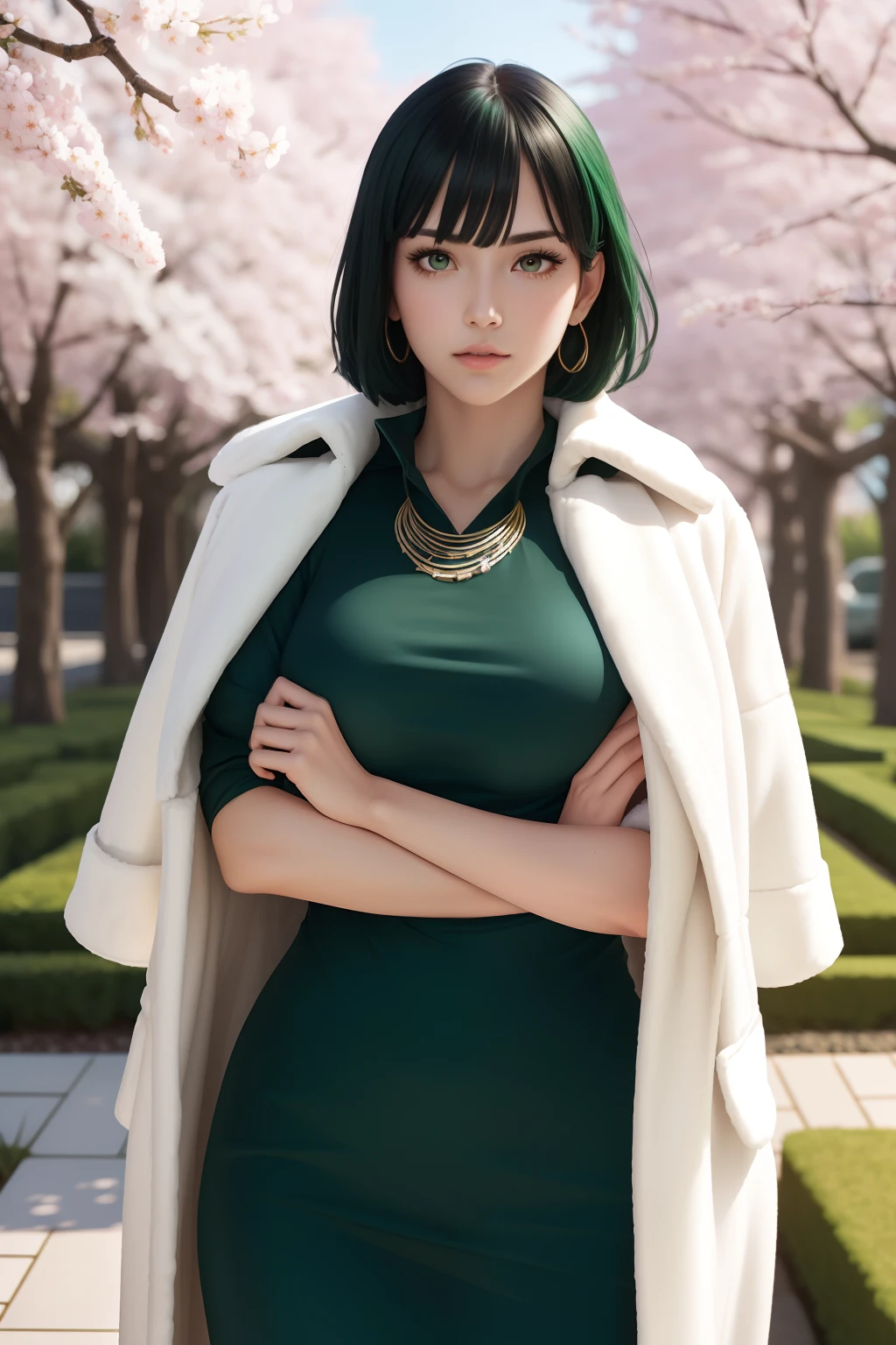 masterpiece, best quality, 1girl, detailed face features, beautiful face, fubuki, green hair, taut clothes, fur coat, jewelery, necklace, mature female, perfect female body, large breasts, standing, outdoor, garden, cherry blossoms, looking at viewer, expressionless