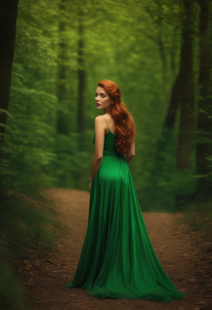 A woman in a green dress standing in the woods - SeaArt AI