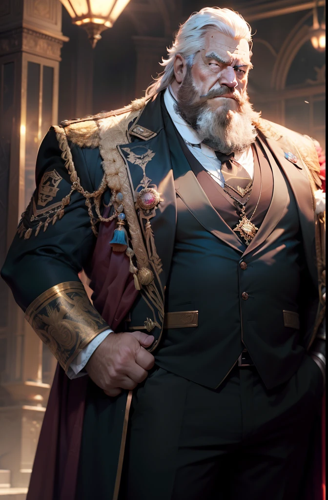 old man, bara,royal commander, thick body, slightly fat,ornate suit,long tie,white beard,handsome, sharp gaze, in cage,red eyes, big bulge, standing, hands put behind hip, hd quality, masterpiece, extremely detailed, looking to the viewer, perspective view, UHD, 64k, unreal.(highly detailed skin), (detailed face), detailed background, dark lighting, twilight lighting, volumetric lighting, intricate details, UHD