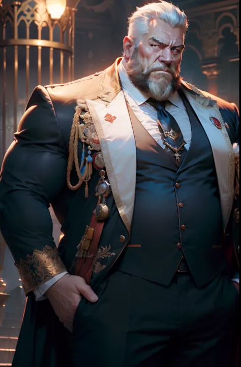 old man, bara,royal commander, thick body, slightly fat,ornate suit,long tie,white beard,handsome, sharp gaze, in cage,red eyes, big bulge, standing, hands put behind hip, hd quality, masterpiece, extremely detailed, looking to the viewer, perspective view...