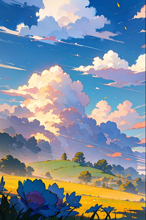 Anime landscape of a field with flowers and airplanes in the sky, beautifull puffy clouds. Anime, anime clouds, anime countryside landscape, Anime landscapes, by Ross Tran. scenic background, detailed scenery —width 672, rhads and lois van baarle, style of...