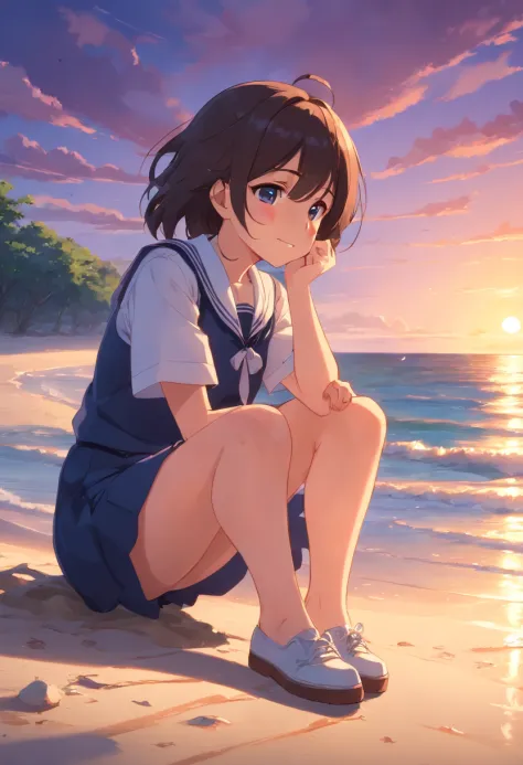 evening glow　Mare　the setting sun　sink　girl wearing school uniform　Crying face　cute little　A dark-haired　sand beach　Crying and laughing　Have shoes