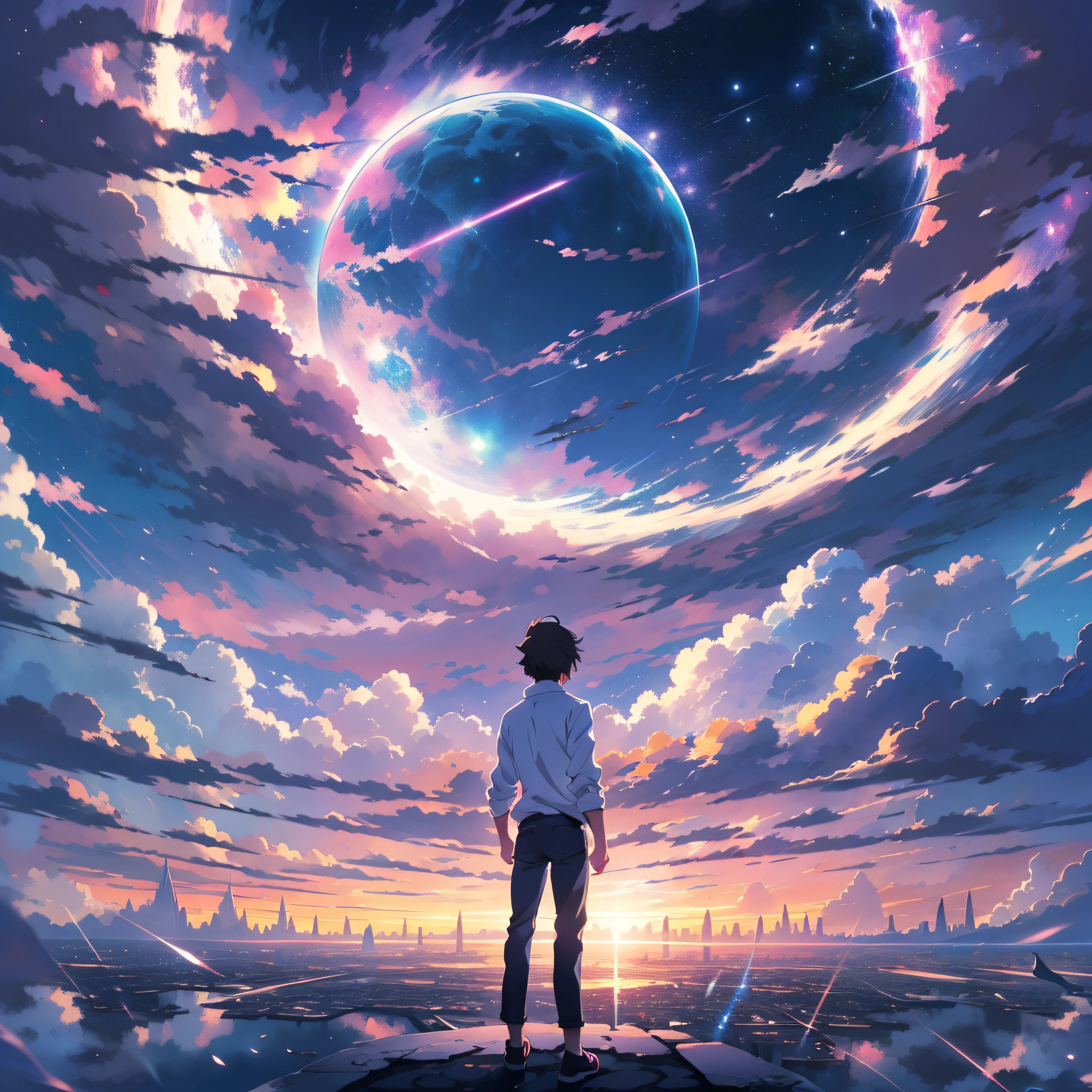 anime - escena de estilo de un hermoso cielo con estrellas en círculo, cielos cósmicos, por Makoto Shinkai, fondo de pantalla de arte anime 4k, meteor fall, volar, Fondo de pantalla de arte anime 4K, fondo de pantalla de arte anime 8 K, fondo de pantalla animado 4k, fondo de pantalla animado 4k, Fondo de pantalla animado 4K, cielo animado, increíble fondo de pantalla, fondo animado, fondo animado art, reflexión, transición cuántica, Camisa blanca, jeans negros, Centro de la ciudad cyborg.