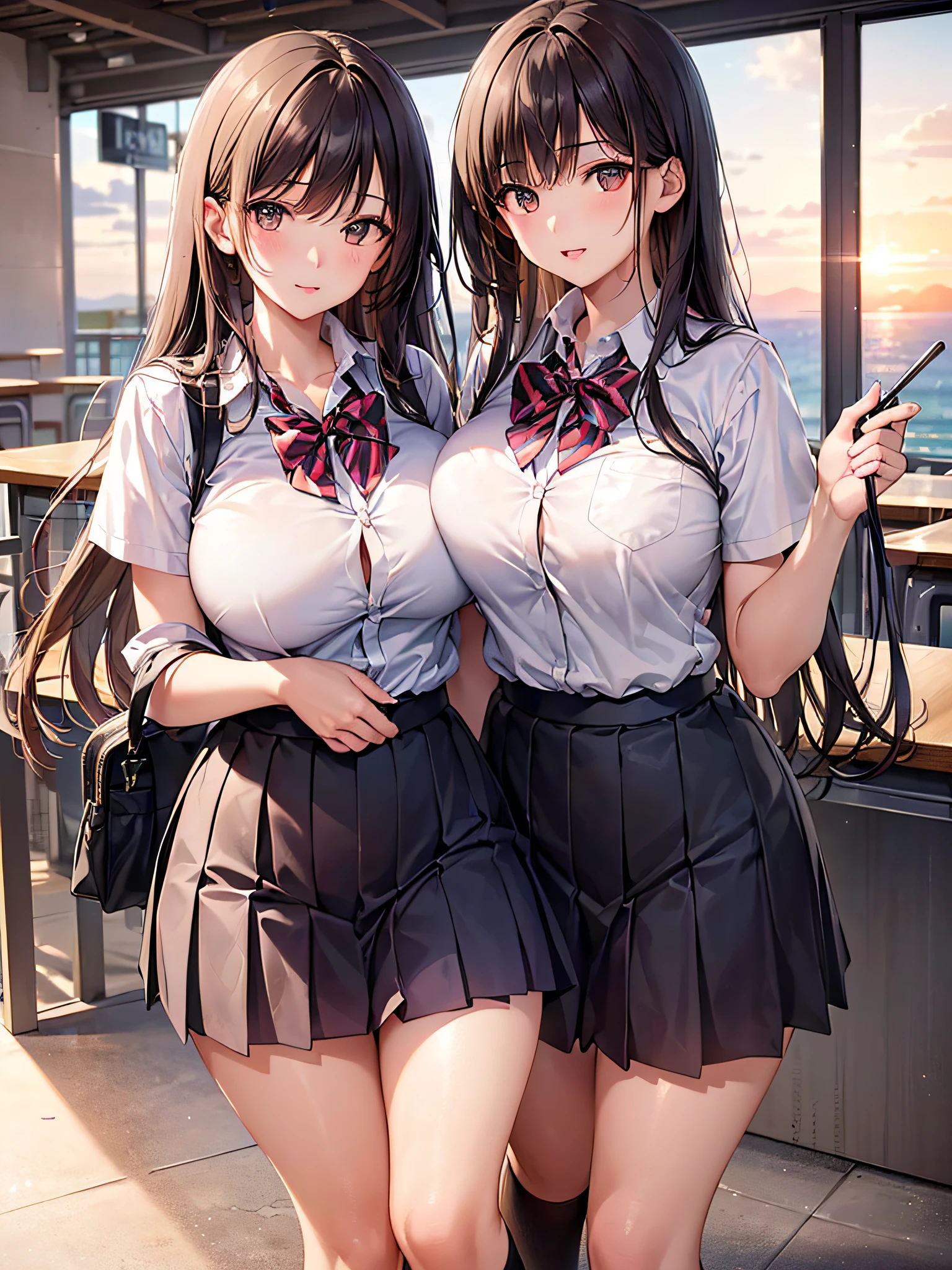 (2young girls), (best quality), (ultra-detailed), (detailed light), (an extremely delicate and beautiful), brown hair, brown eyes, model, (Beautiful big breasts:1.3), bare shoulders, (bare breasts:1.2), (hi-school uniform, pleated skirt:1.3), (hi-school uniform with wide open breasts:1.4), best quality, extremely detailed CG unified 8k wallpaper, High-definition raw color photos, professional photography, (((Bokeh))), depth of fields, beach, sea, twilight, sunset,