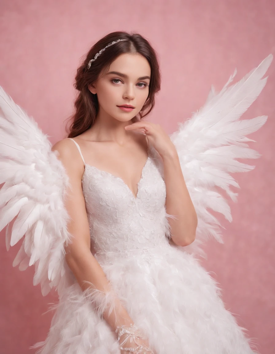 Beautiful girl wearing white colored dress on pink background, style made of feathers, futuristic victorian era, collage style layering, focus stacking, layered form, textured fabric, oversized objects, feather wings, cartoon stars lights , Time Magazine Photography, (upper body)