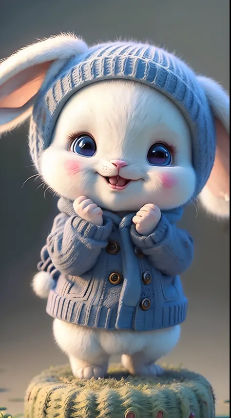 Cute Bunny, smiley, Pixar, furry art, Anime, Background with：fullmoon, Character, outfit,blue clothing