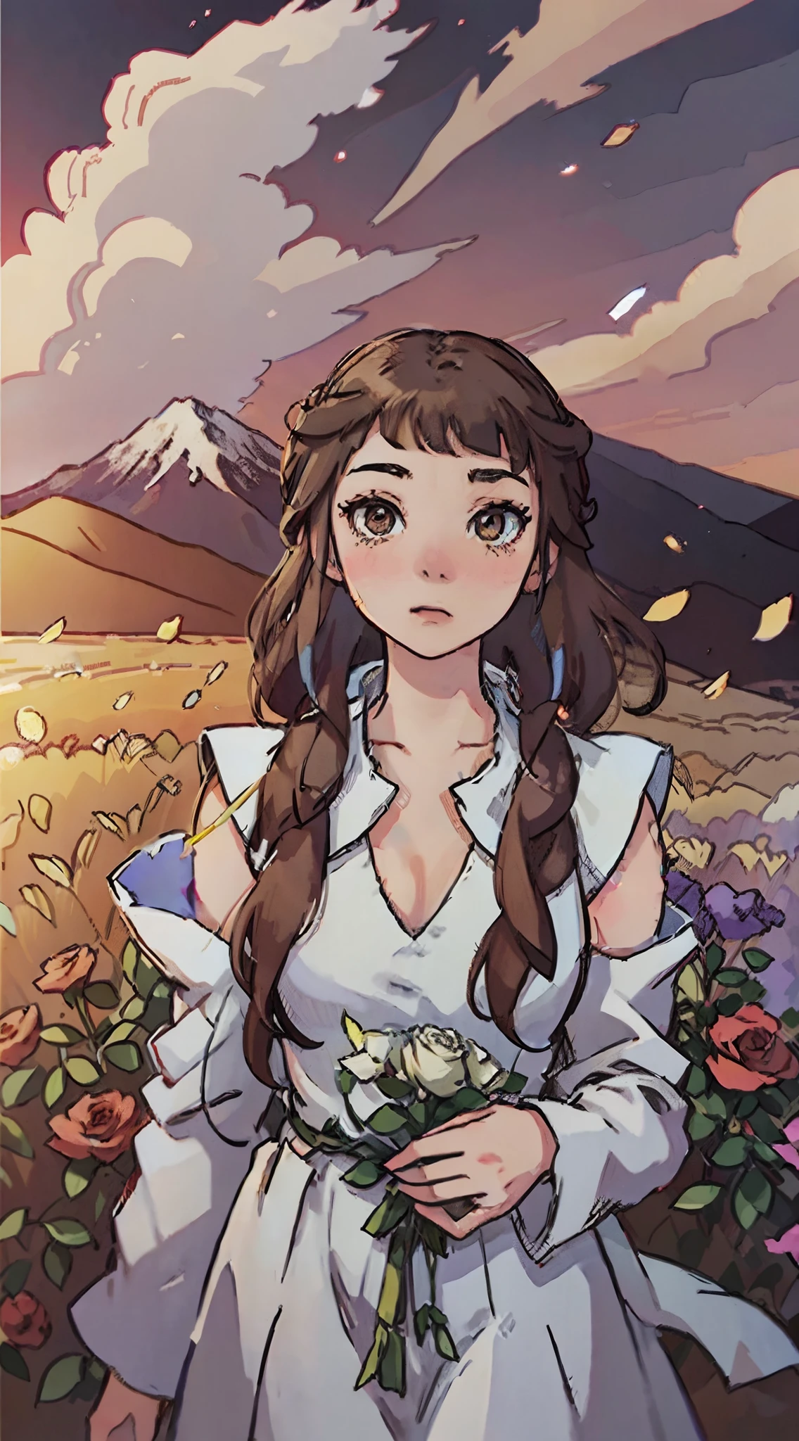 superflat anime style, 1 girl, brown hair, braids, emotional depth, white dress, flowers, flower fields, roses, bloom, brown eyes, vibrant colour, mountains and clouds background