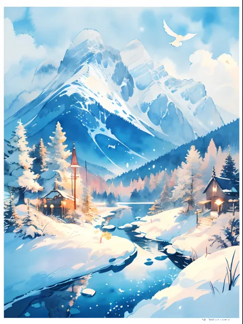 (((masterpiece))),best quality, whitetown, snow mountain, scenery, sky, outdoors, watercolor (medium), traditional media,