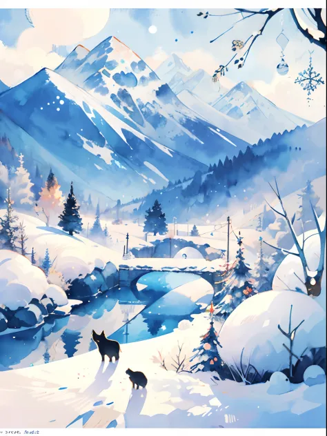 (((masterpiece))),best quality, whitetown, snow mountain, 1 white wolf, scenery, sky, outdoors, watercolor (medium), traditional...