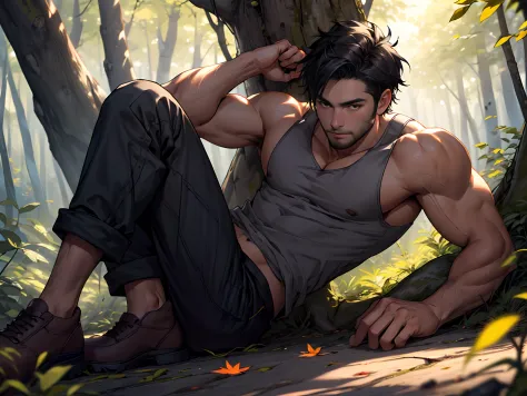 ((1boy)), male only,tank top,pulled pants, small penis , short black hair, stubble, muscular, detailed face, best quality, depth...