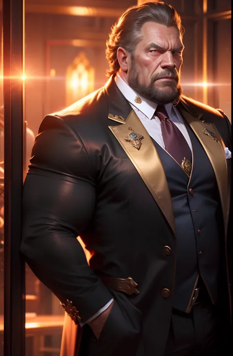 old man, bara,royal commander, thick body, slightly fat,ornate suit,long tie,white beard,handsome, sharp gaze, in cage,glowing red eyes, big bulge, standing, hands put behind hip, hd quality, masterpiece, extremely detailed, looking to the viewer, perspect...