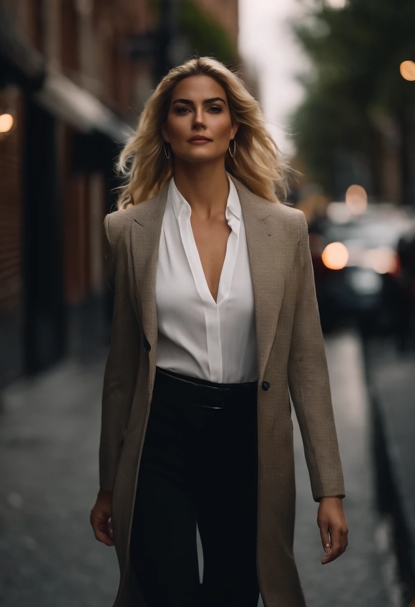 A woman in a white shirt and black pants walking down a street - SeaArt AI