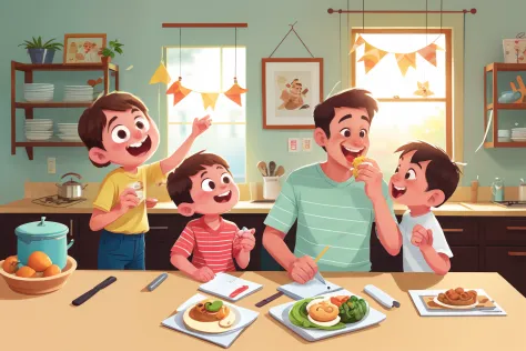 There is a mother in the picture，daddy，Three characters of son，Note that it's just three people！The background is the kitchen，The son laughed and broke his teeth，Dad looked surprised，Mom is looking at her phone and eating。