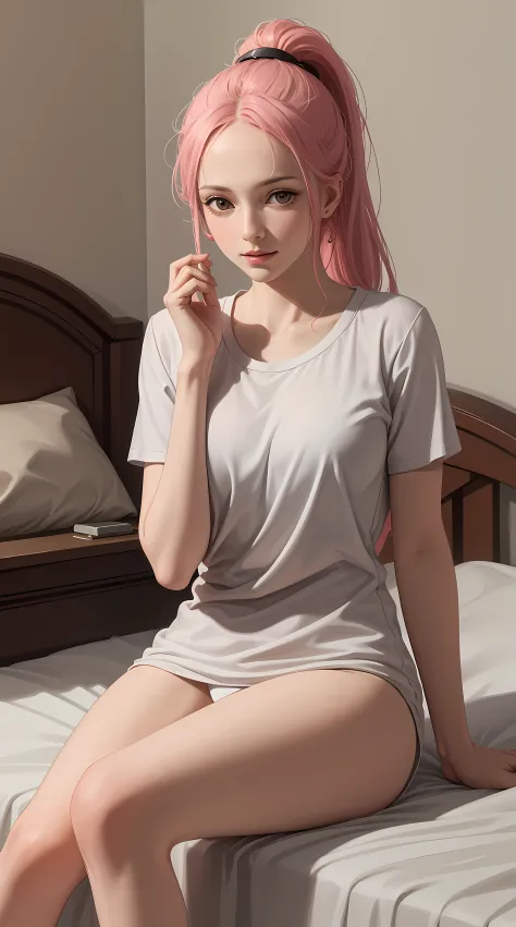 rebecca from one piece anime, long hair, pink hair, ponytail, beautiful, beautiful woman, perfect body, perfect breasts, wearing a big white t-shirt, black panties, in bed, bedroom, bed, sitting on the bed sleeping, looking at the viewer, slightly smiling,...