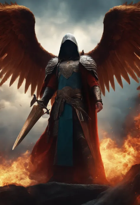 Realistic, Angel with big wings, The sword, Wearing flames,Hood on head ...