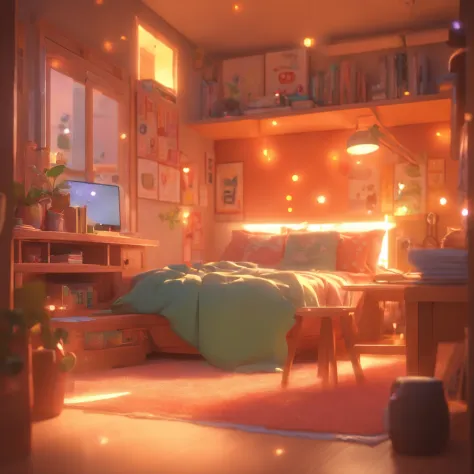 （Pixar style),Cozy small room model, Miniature character model, Light source from right to left, Rum lighting, Light source from right to left, (iso-distance view), (Top down), Realistic proportions, Post-processing, ((Orthogonal perspective)), Super detai...