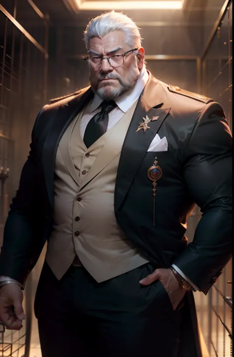 old man, bara,royal commander, thick body, slightly fat,ornate suit,long tie,white beard,white hair,handsome,glassess, sharp gaze, in cage,glowing red eyes, big bulge, standing, hide hands behind hip, hd quality, masterpiece, extremely detailed, looking to...