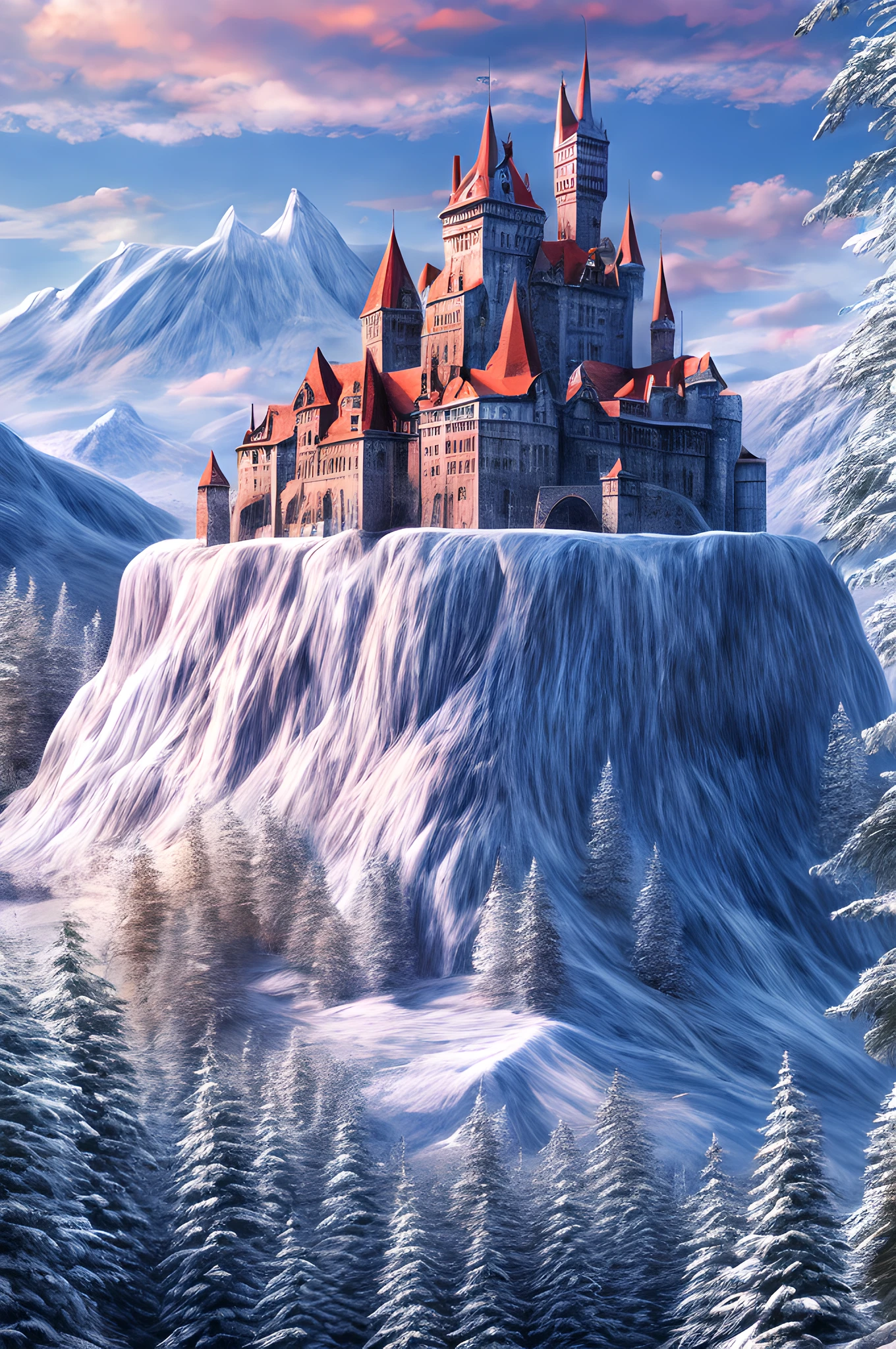 a panoramic award winning photography, Photorealistic, extremely detailed of a castle made from [[ice]] made_of_ice standing on the peak of a snowy mountain, an impressive best detailed castle made from ice (Photorealistic, extremely detailed), with towers, bridges, a moat filled with lava (Photorealistic, extremely detailed),  standing on top of a snowy mountain (masterpiece, extremely detailed, best quality), with pine trees, sunset light, some clouds in the air,  alpine mountain range background, best realistic, best details, best quality, 16k, [ultra detailed], masterpiece, best quality, (extremely detailed), ultra wide shot, photorealism, depth of field,