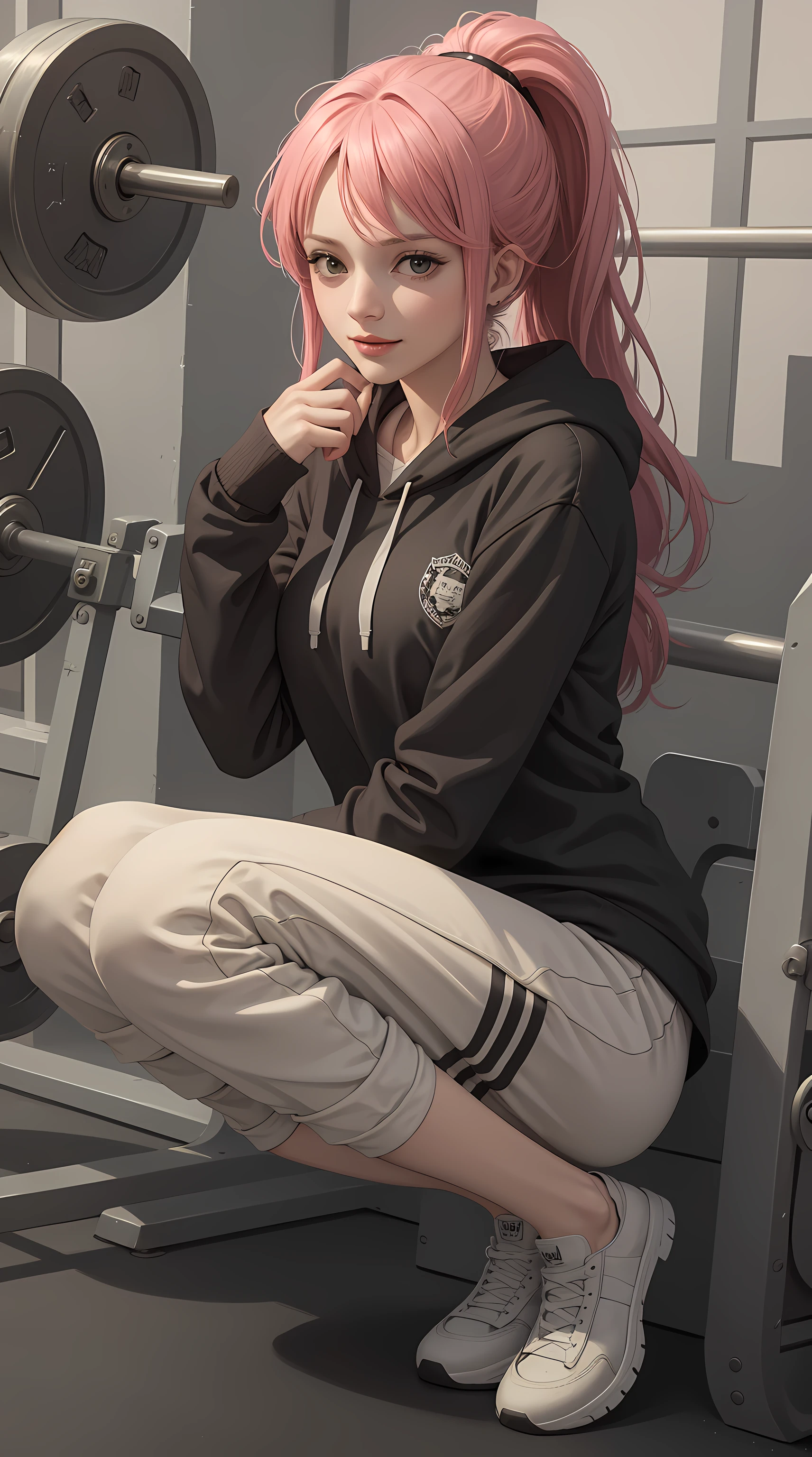 rebecca from the anime one piece, long hair, pink hair, ponytail, beautiful woman, beautiful, perfect body, perfect breasts, wearing a white Adidas hoodie, black jogger pants, wearing white Nike Jordan shoes, in the gym, barbell, looking at the audience, little smile, realism, masterpiece, textured skin, super detailed, high detail, high quality, best quality, 1080p, 16k