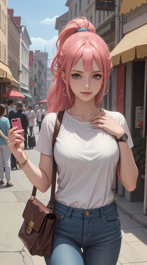 Rebecca from One Piece anime, long hair, pink hair, ponytail, beautiful, beautiful woman, perfect body, perfect breasts, wearing oversized white t-shirt, short jeans, wearing handbag, watch, wearing earrings, convenient store there, department store, ponyt...