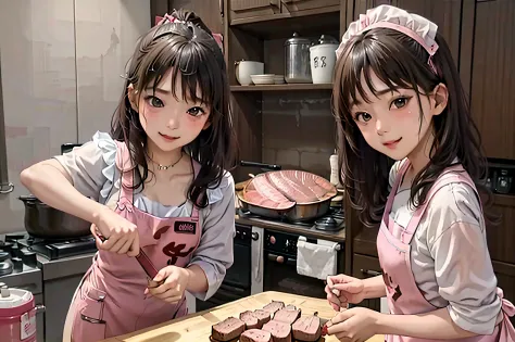 1 girl in、独奏、korean idols、21years old、pink apron、woman cooking、grill meat in a pan、steak、cooking、kitchin