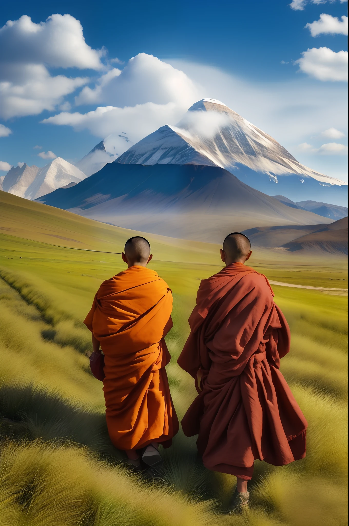 (Best quality,4K,8K,A high resolution,Masterpiece:1.2),Ultra-detailed,(Realistic,Photorealistic,photo-realistic:1.37),grassy fields，Young monks，The demeanor is heroic，Blue clouds and blue sky，Endless grasslandount Kailash Peak