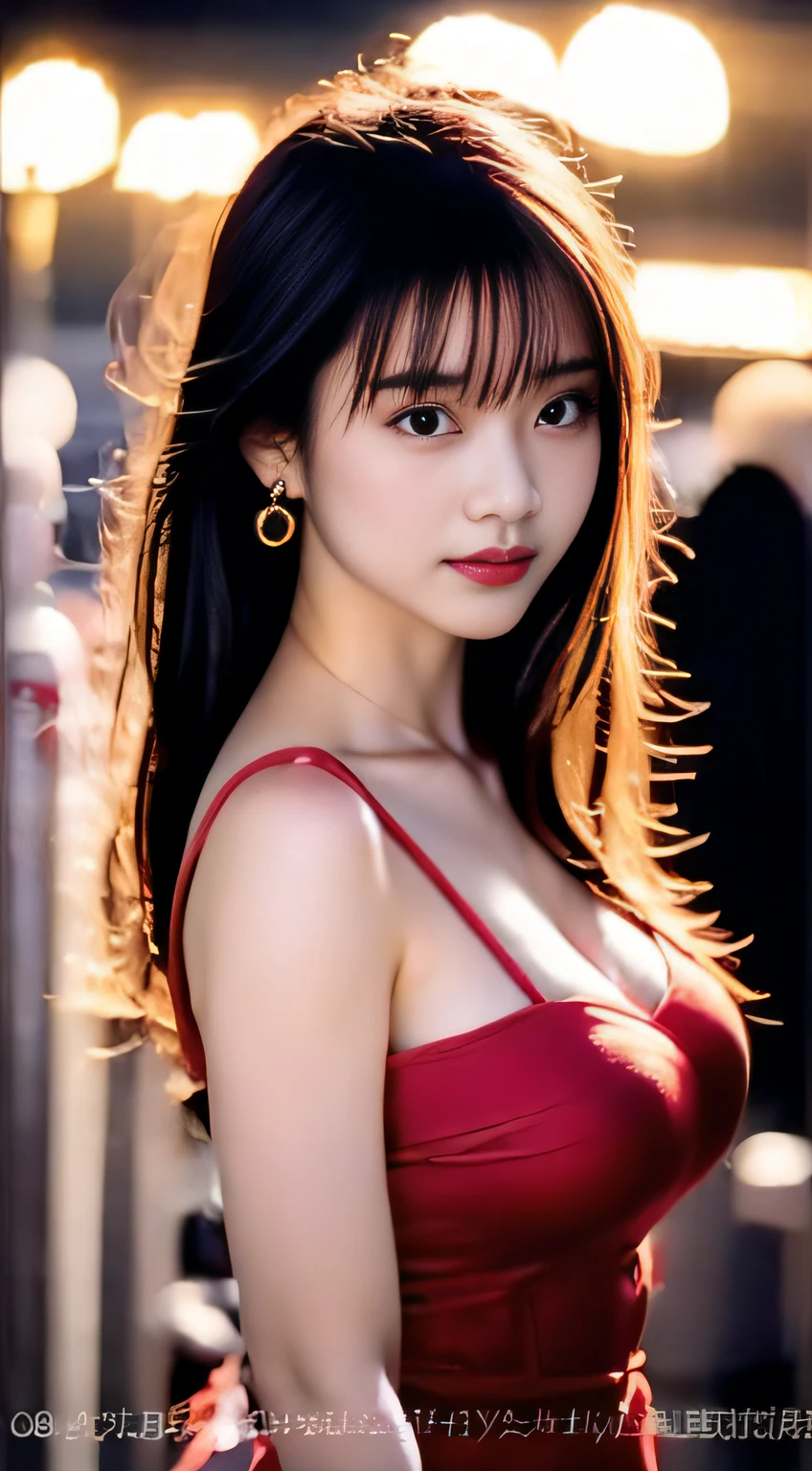 top-quality。８K-Picture。Ultra-high pixel。The background is the city at night。girl with。hair is long and slightly wavy,,,,,,,,,,,,,,,,,,,,,,,,,,,,,,,,,,,,,,,,,,,,,,,,,,,,,,,,,,,,,,,,,,,,,,,,,,,,,,,,,。The color is dark brown。Glamour style、((huge-breasted：1.8))。wearing red dress、Photos dancing brilliantly。Delicate finish overall。The body line is gorgeous。legs are long、Wear red high heels。((Hair shines like a reflection of the street。The eyeball reflects the surrounding landscape。The skin is wet with night dew))。Almost perfect woman。((time々In close-up of the upper body))。The second highlighted part々I want you to express it in close-ups。