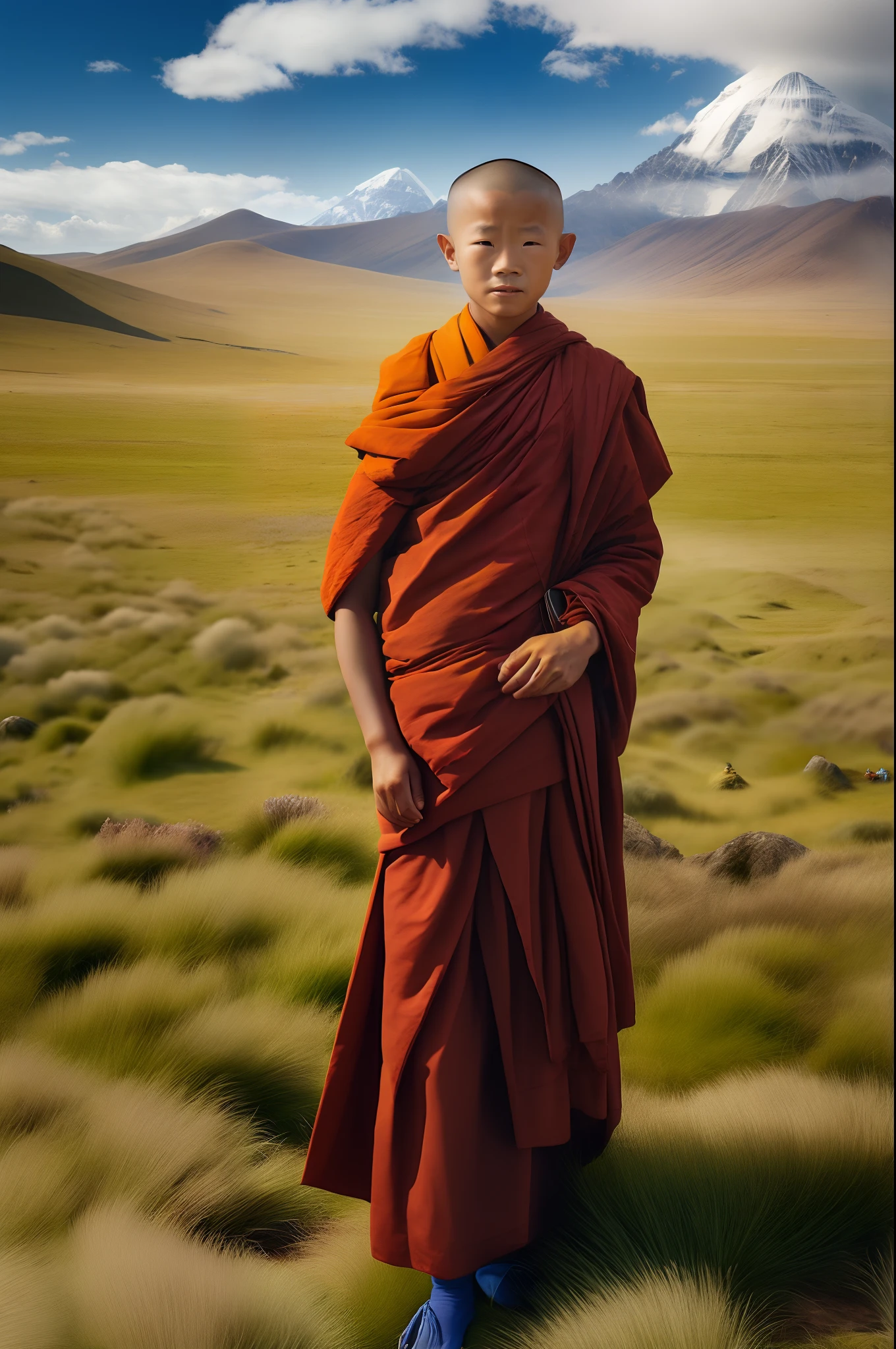 (Best quality,4K,8K,A high resolution,Masterpiece:1.2),Ultra-detailed,(Realistic,Photorealistic,photo-realistic:1.37),grassy fields，Young monks，The demeanor is heroic，Blue clouds and blue sky，Endless grasslandount Kailash Peak