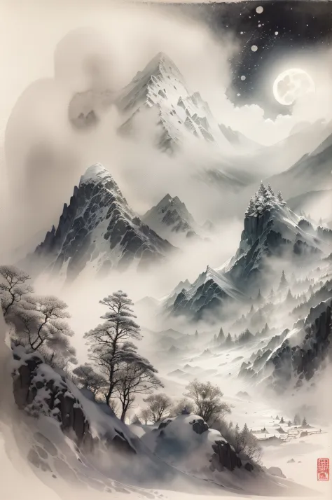 (Masterpiece、In a night blizzard, the steep snowy mountains towering in front of you stand out in the dim moon)::style (ink and watercolor painting、grayscales)