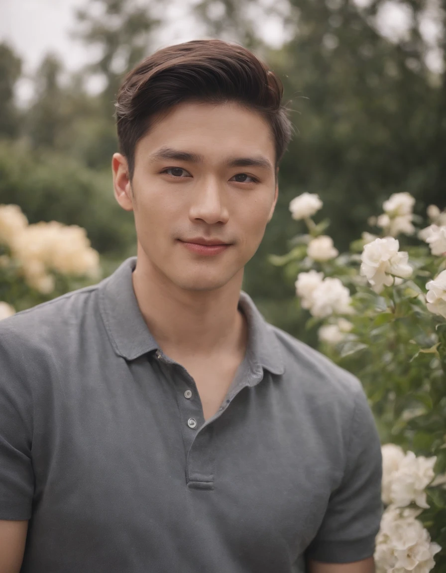 foto cinematográfica . fotografía de 35 mm, película, bokeh, Profesional, 4k, muy detallado,Un hombre parado frente a algunas plantas con flores., camisa polo,País, fotografía de retrato de realismo contemporáneo, sin género, sony alfa a7 iii, ondas, retrato popular, Asian man, tímido, sonrisa,tiro medio