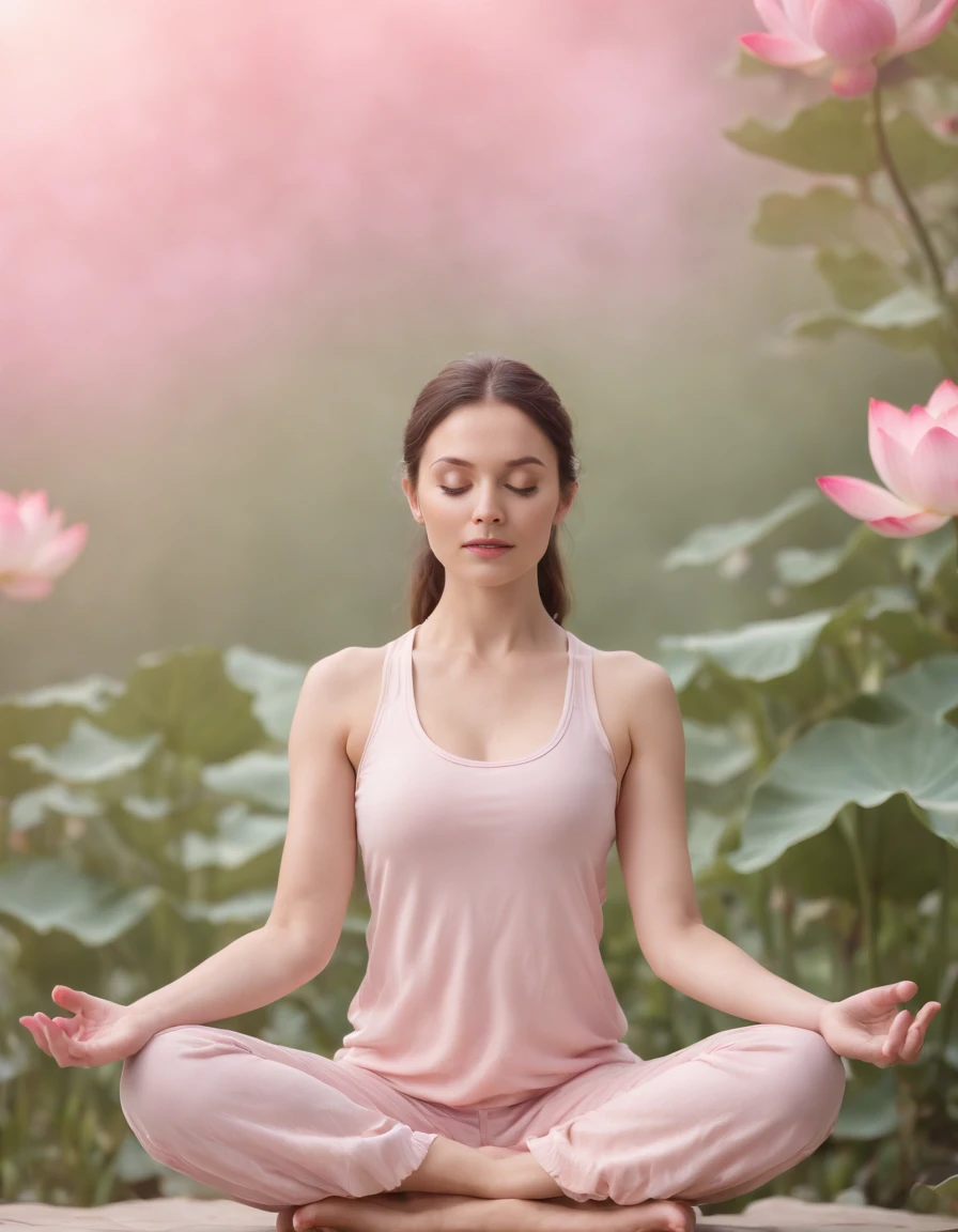 Woman sitting in lotus position in lotus position with lotus flowers in the  background - SeaArt AI