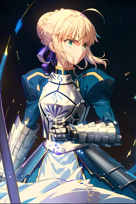 Anime girl holding sword and armor in front of the stars, fate / stay night, Artoria Pendragon, fate stay night, fate zero, fate/Zero, fate grand order, rapier, offcial art, she is holding a sword, anime style like fate/stay night, Violet Evergarden, liann...
