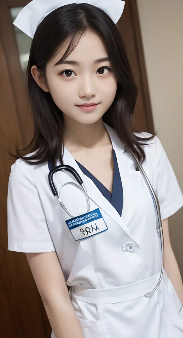 (top-quality、​masterpiece:1.2)、Best Quality、realisitic、photoshot、hight resolution、1080p、8K、Textured skin、Physical Rendering、1 Japan Girls、a junior high school student、kawaii、Young Face、Rolled hair、(White nurse uniform:1.5)、Hospital Beds、up of face、full of ...