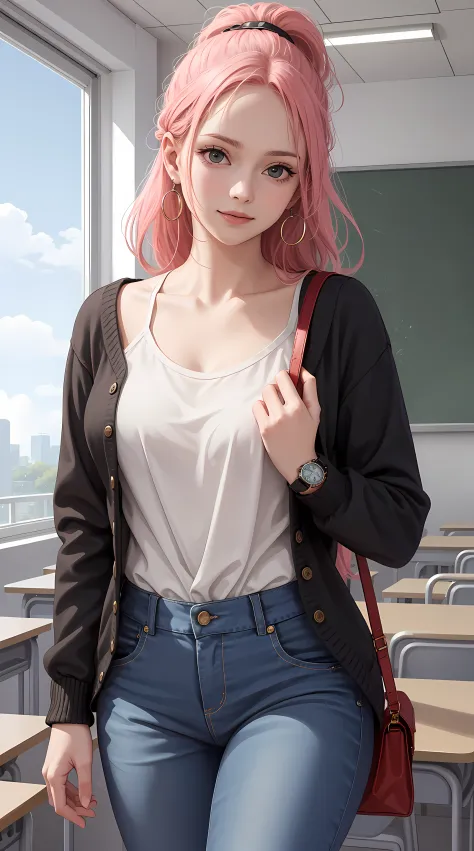 rebecca from the anime one piece, long hair, pink hair, ponytail, beautiful, beautiful woman, perfect body, perfect breasts, wearing a white shirt, black cardigan, long jeans, handbag, wearing a watch, wearing earrings, in classroom, on campus, university,...