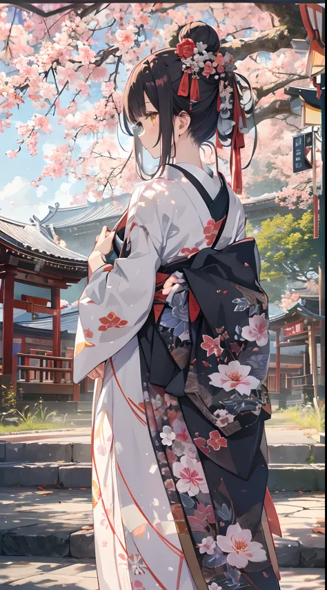 ((​masterpiece,top-quality)),2girls, Black kimono, Black legwear, a black ribbon, A dark-haired, cherry trees, Daytime, florals, Bun, Hair ribbons, Komono, Kimono, The long-haired, Behold, Looks Back, multipel Girls, Obi, outside of house, red eyes, redhai...