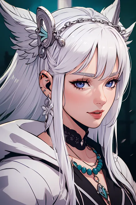 (high quality,ultra-detailed,realistic),giant,twin-tailed,silver-white hair,hooded coat,vintage gothic,posing,adorable chest,loo...