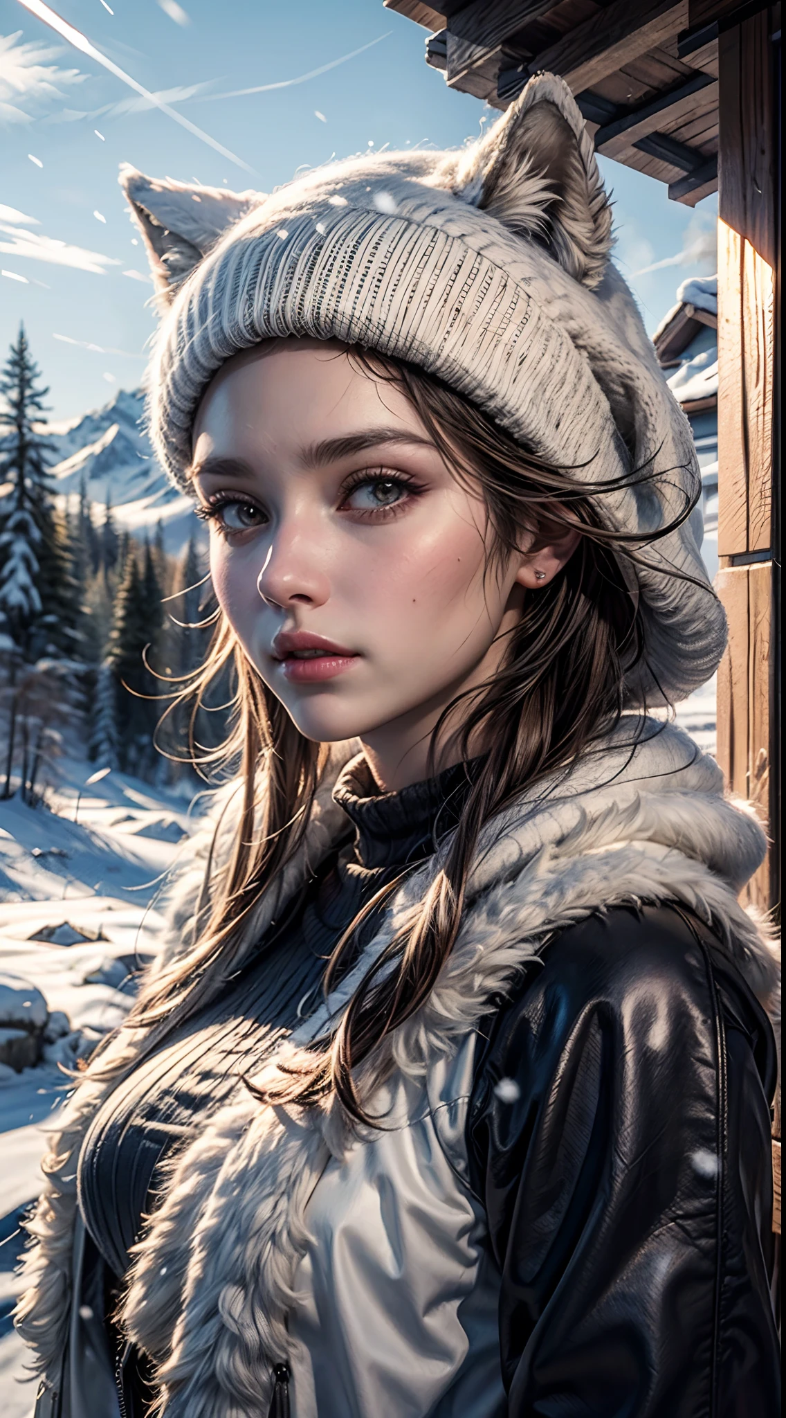 Snow Mountain, snowflakes, frozen waterfall, 1 girl playing with fluffy cute wolfs, beautiful weather, snow smoke, winds, 8K Masterpiece collection award winning artwork, AMD fidelityFX super resolution 3 rendered, ray tracing, UHD, detailed portrait.