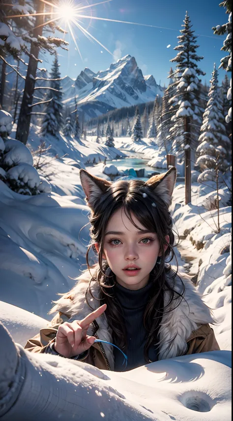 snow mountain, snowflakes, frozen waterfall, 1 girl playing with fluffy cute wolfs, beautiful weather, snow smoke, winds, 8k mas...