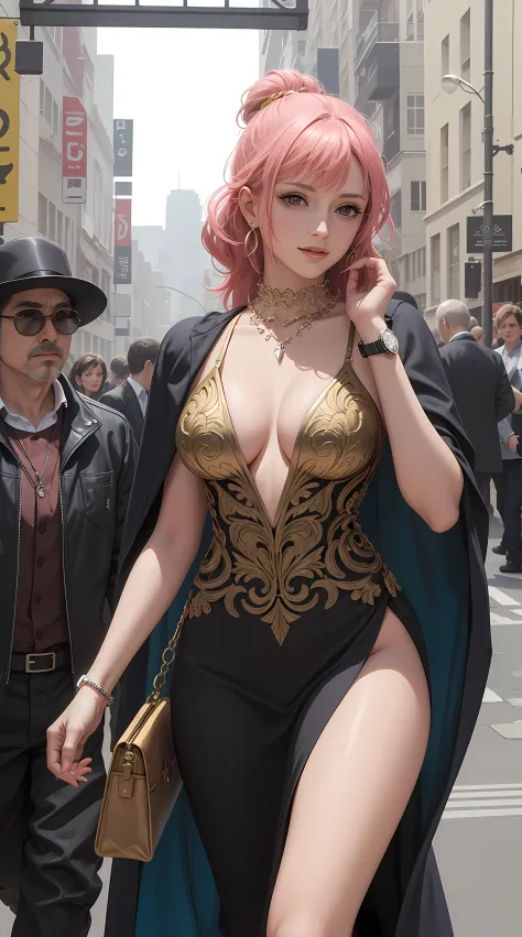 Rebecca from the anime One Piece, pink hair, hair in a bun, beautiful, beautiful woman, perfect body, perfect breasts, wearing a white dress, luxurious, beautiful, expensive, very beautiful, carrying a bag, wearing a watch, wearing earrings earrings, walki...