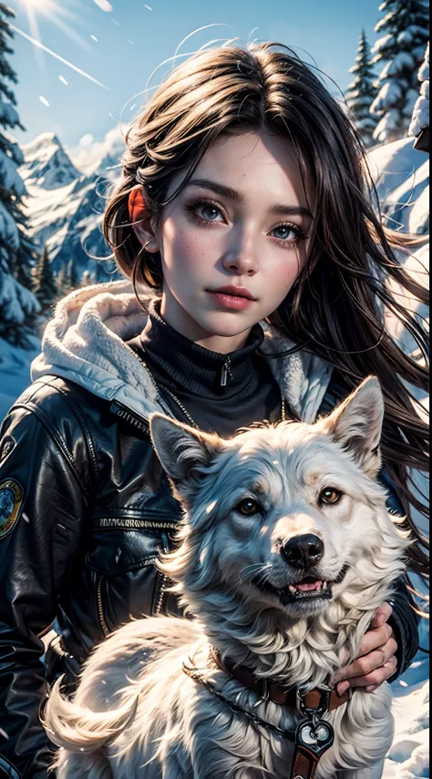 Snow Mountain, snowflakes, frozen waterfall, 1 girl playing with fluffy cute wolfs, beautiful weather, snow smoke, winds, 8K Mas...