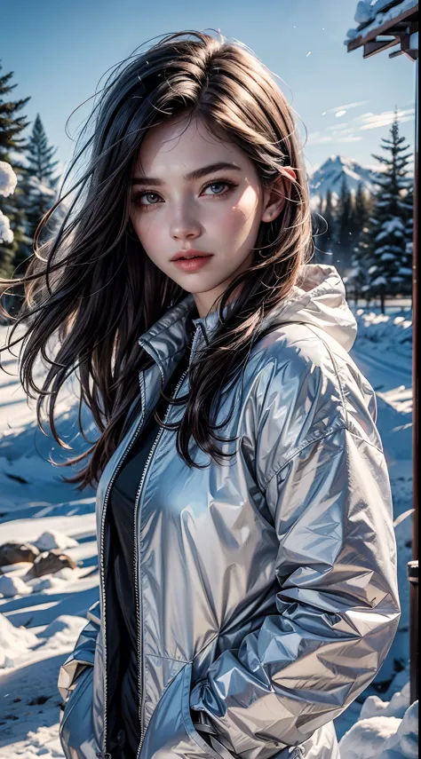 snow mountain, snowflakes, frozen waterfall, 1 girl playing with fluffy cute wolfs, beautiful weather, snow smoke, winds, 8k mas...