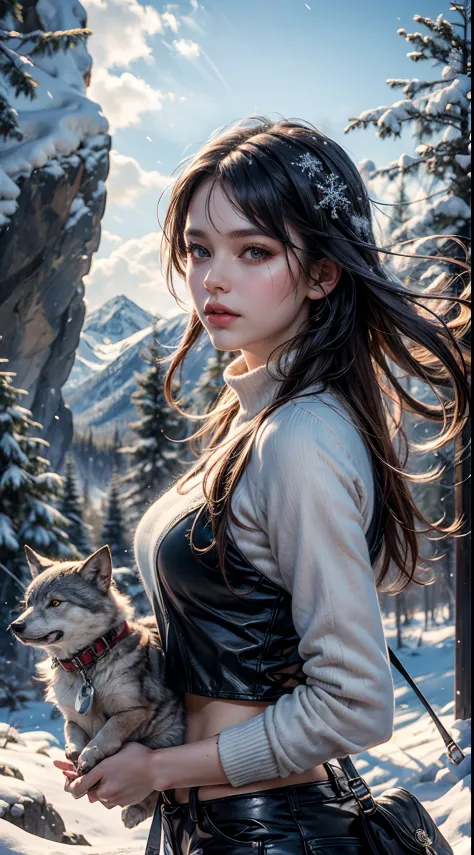 snow mountain, snowflakes, frozen waterfall, 1 girl playing with fluffy cute wolfs, beautiful weather, snow smoke, winds, 8k mas...